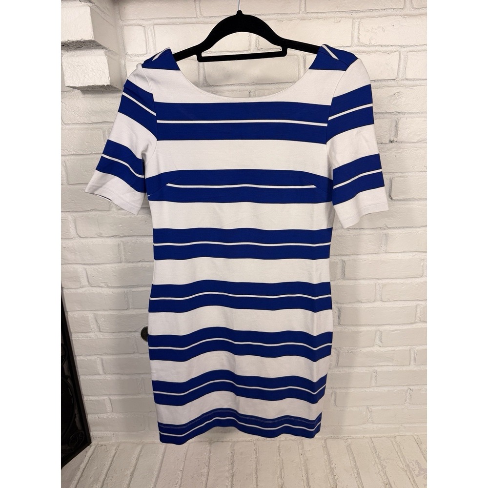 Banana Republic Petite Blue White Striped Sheath Dress 2P Stretch Career office